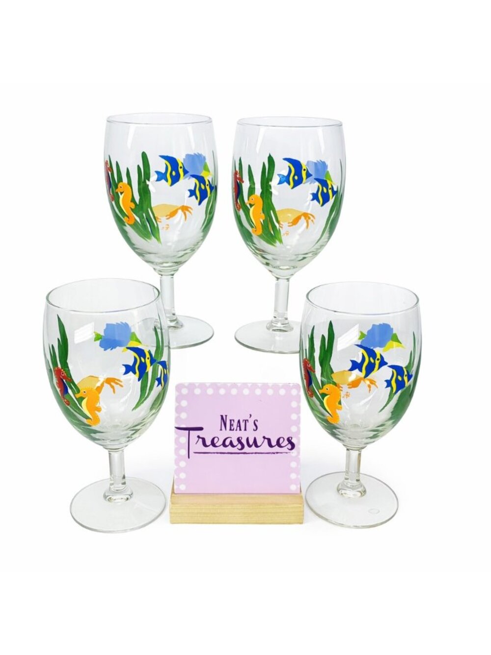 Tropical Beach Themed Seahorses Crabs Colorful Sealife Clear Glass Goblets Set 4